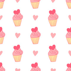 Seamless pattern with cupcakes and hearts on a white background. 