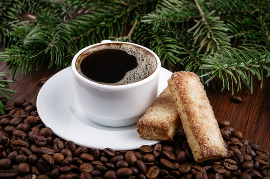 Cookies and coffee on christmas decoration