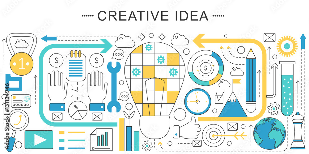 Poster vector modern line flat creative idea sales concept. creative idea icons website header, app design 
