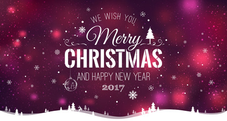 Merry Christmas and New Year typographical on holidays background with winter landscape with snowflakes, light, stars. Vector Illustration. Xmas card