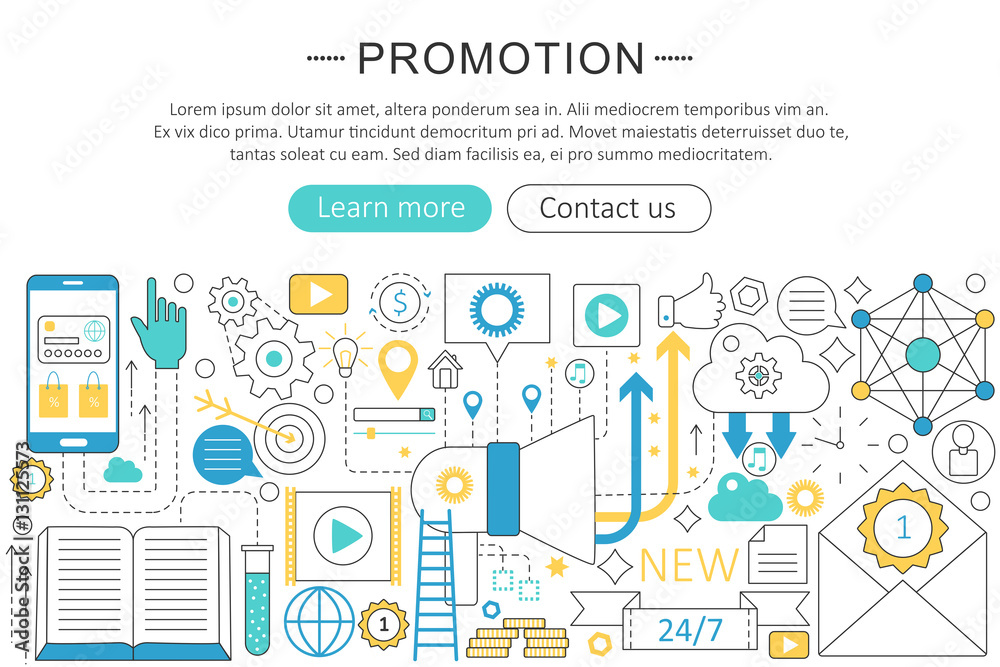Poster vector modern line flat design promotion concept. promotion icons website header, app design poster 