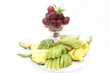 A plate of ripe fruit on a white background