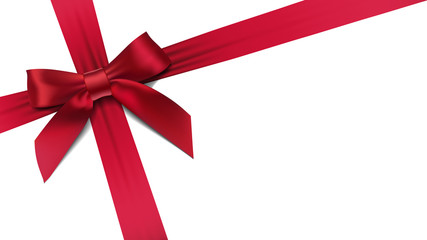 greeting card with realistic red bow on white background
