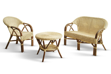 Set with sofa chair and wicker table