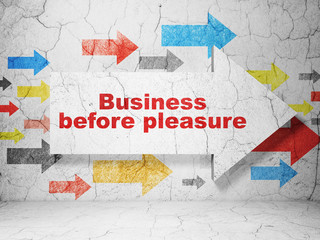 Business concept: arrow with Business Before pleasure on grunge wall background