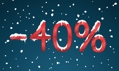 40 percents discount numbers with snow and icicles. Snowing reta