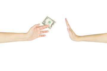 Female hand is giving one dollar another hand on white backgroun