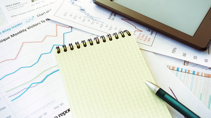 Workplace in office, notebook with space for text