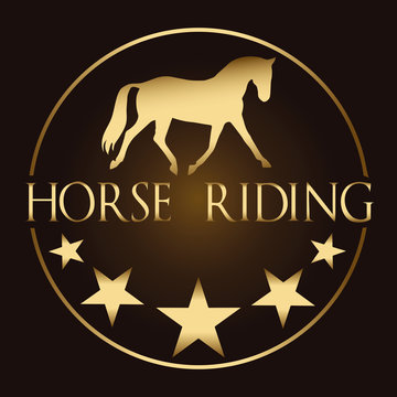 Logo vector image of golden horse and stars on a dark background. Horse logo template. Logo element, vector icon. Suitable for riding dressage school, farm, ranch, stable, club logo, visiting card. 