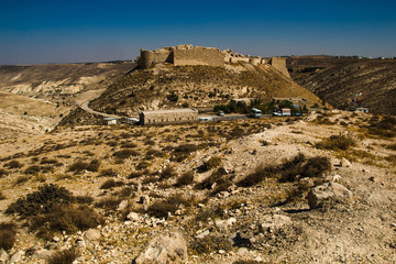 Landscape ancient impressive castle on mountain. Shobak crusader fortress. Castle walls. Travel concept. Jordan architecture and attraction