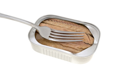 Mackerel skinless fillets with olive oil in a tin plus a fork atop the food on a white background.