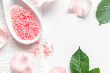 organic cosmetic with rose oil on white background top view