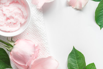 organic cosmetic with rose oil on white background top view