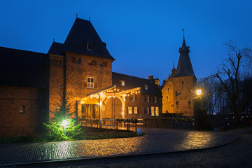 Medieval Doorwerth Castle   on the river Rhine near the city of Arnhem late in the evening, Netherlands.