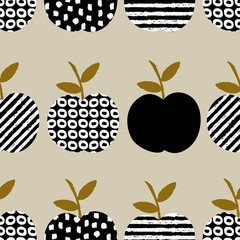 Hand drawn seamless pattern with apples in black, cream and ochre.