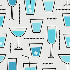 Modern seamless pattern with cocktail drinks in blue, black and cream. - 131129383