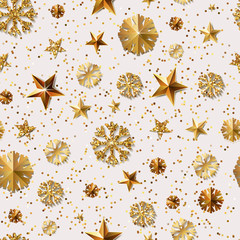 Christmas or New Year vector seamless pattern with gold stars and snowflakes. Holiday glowing background. Golden shining texture for banner, poster, flyer, party invitation, web backgrounds.