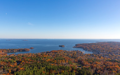 Fototapeta na wymiar Town of Camden Maine in the late fall with Penobscot Bay in the distance.