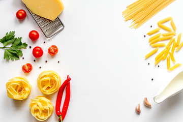 ingredients for cooking paste white background top view mock up