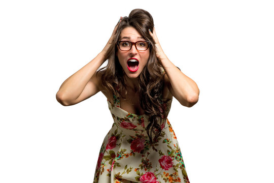 Rage filled woman stressful shout, losing her mind, panic and anxiety isolated on white