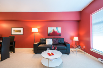 Modern bright, red living room with a sofa and coffee table in a luxury house. Interior design.