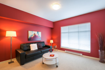 Modern bright, red living room in a luxury house. Interior design.