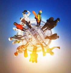 Little planet panorama snowboarders skiers