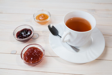 Breakfast with cup of tea and jam