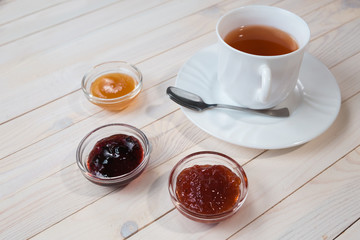 Breakfast with cup of tea and jam