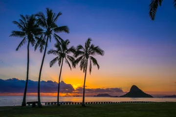 Papier Peint photo Lavable Mer / coucher de soleil Beau lever de soleil à Chinaman& 39 s Hat sur Oahu