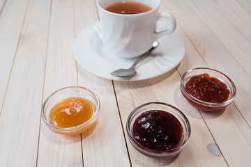 Breakfast with cup of tea and jam