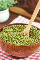 Raw mung beans (Vigna radiata) in wooden bowl