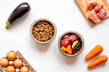 ingredients for pet food holistic top view on white background