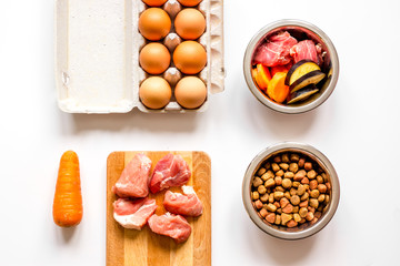 ingredients for pet food holistic top view on white background