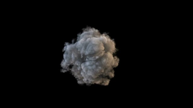 Explosion with smoke, top down vertical view, isolated on black background