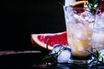 Alcoholic cocktail, rosemary fizz, with vodka, bitter, syrup, ho