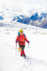Fototapeta na wymiar Girl with dog in winter mountains.