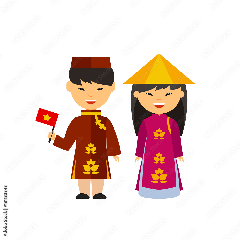 Wall mural Cheerful Vietnamese couple in national dresses icon