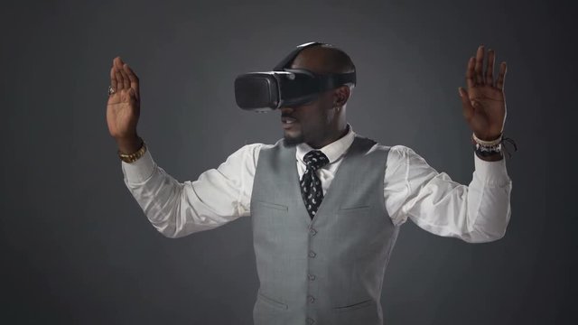 Businessman wearing a virtual reality headset