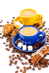 Coffee cup and beans on a white background.