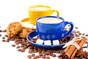 Coffee cup and beans on a white background.
