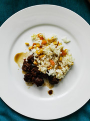 Tasty soy meat with rice, corn and carrot.