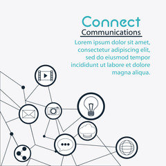 movie envelope share bubble camera connect communications social network icon set. black and white illustration