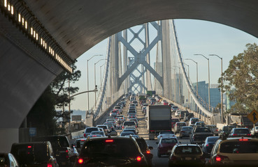 Massive traffic jam In the early morning on the Bay Bridge, at the exit of a tunnel. It is the main...