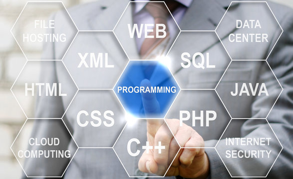 Programming internet website coding computer concept. Code word tag cloud development writing language technology