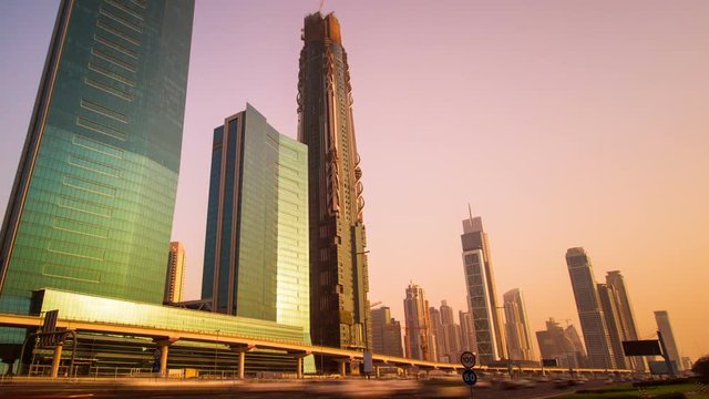 Timelapse view of Skyscrapers at the Sheikh Zayed Road with traffic in Dubai