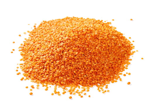pile red lentils isolated on white background 