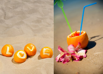 Love and vacation concept, duplex collage of two pictures - the carved inscription love on oranges,...