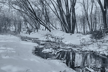 Winter. Landscape with snow and creek