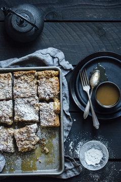 Close-up of dusted apple coffee cake